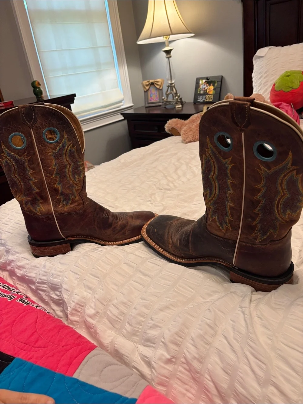 Tony Lama Brown Leather Western Work Boots with Multicolor Stitching